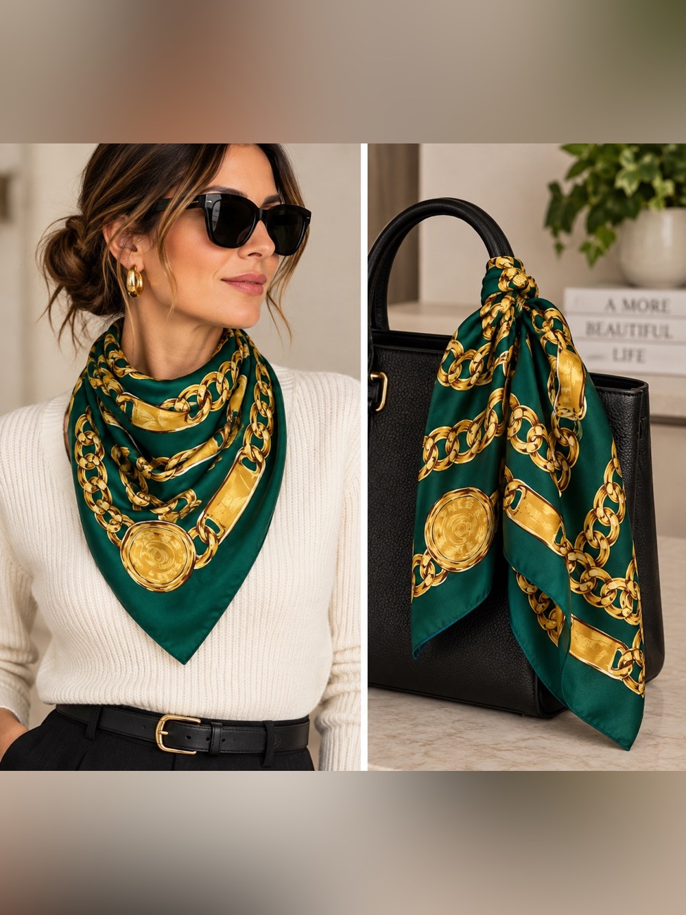 Vintage Emerald Green & Gold Chain Print Square Scarf